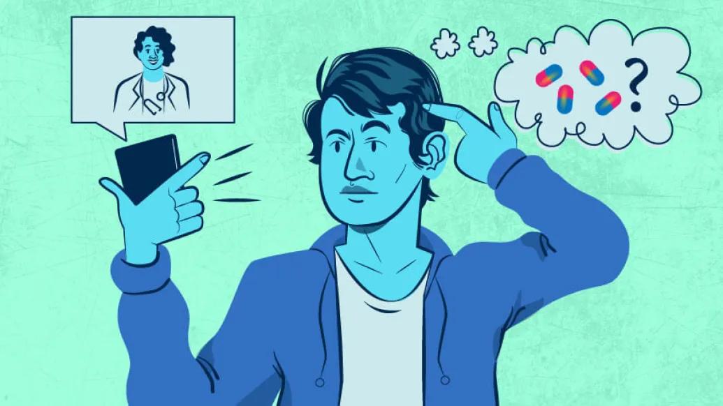 Man in blue blue background looking at doctor in phone. Pills floating and question mark