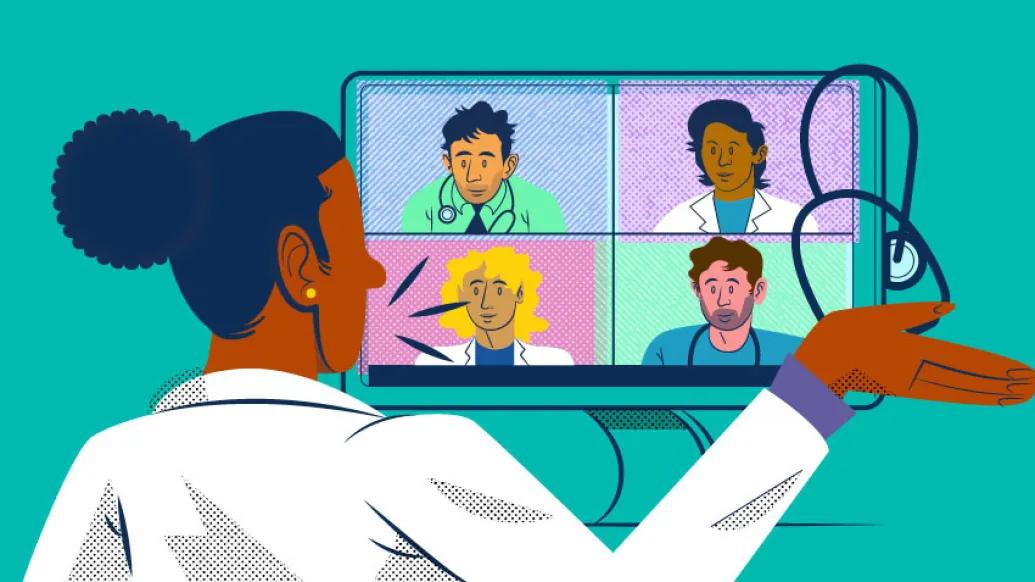 woman doctor talking zoom to other doctors