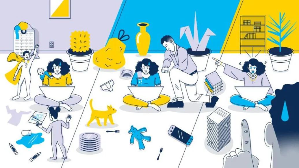 woman working from home in three different scenes being stressed out in colors blue grey and yellow