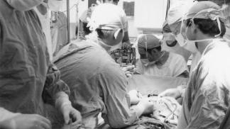 Doctors perform a heart transplant in the operating room in 1968
