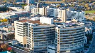 Aerial view of C.S. Mott Children's Hospital and Von Voigtlander Women's Hospital