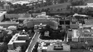 An aerial view of the main medical campus in the mid-1970s