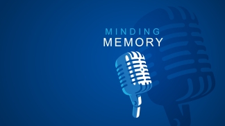 Minding Memory with a microphone and a shadow of a microphone on a blue background