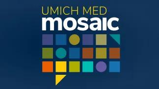 UMich Med Mosaic with speech bubble made of colorful squares and circles underneath.
