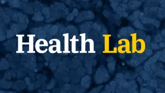 Health Lab word mark overlaying blue cells