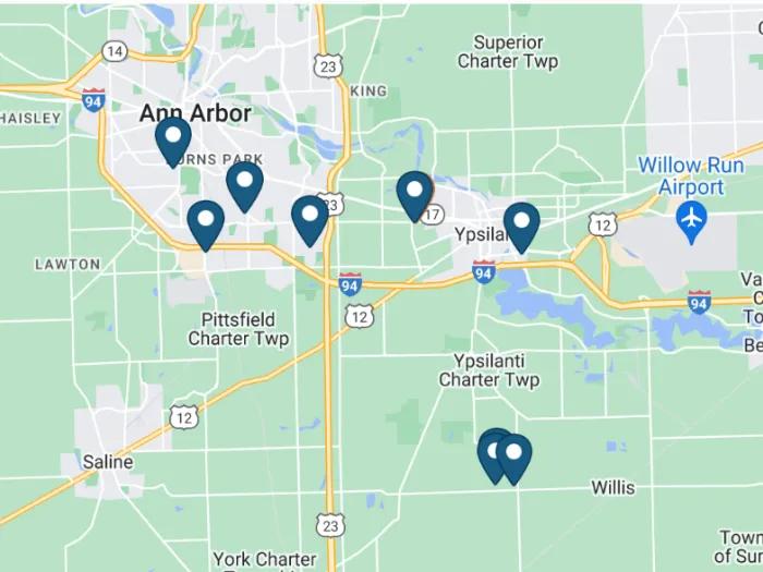 Map of Washtenaw County with RAHS locations pinpointed