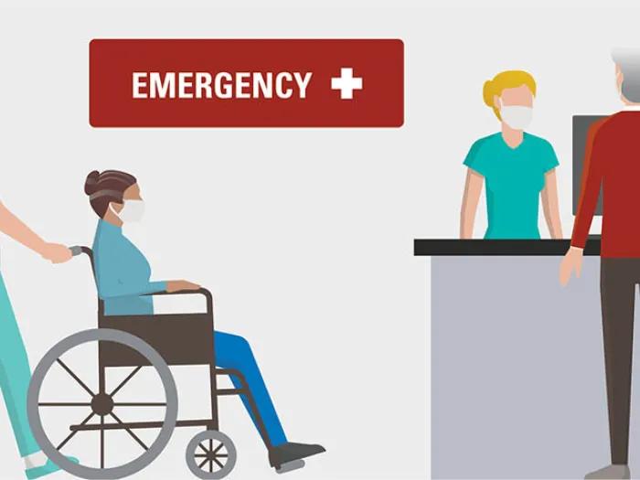 Graphic of a person being pushed in a wheelchair and a second person checking in at the front desk