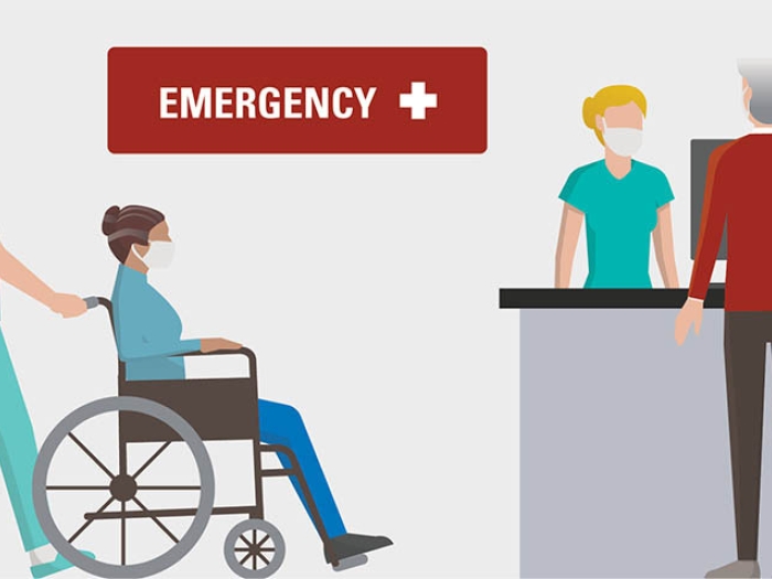Graphic of a person being pushed in a wheelchair and a second person checking in at the front desk