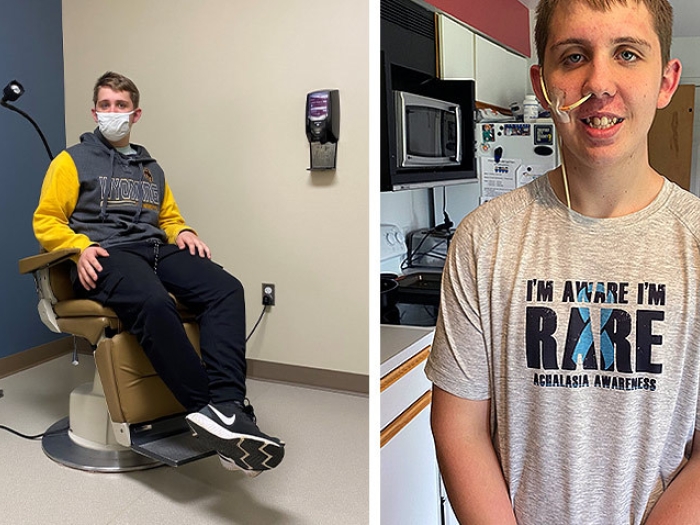 2 images: Seth Kent sitting in an exam room and in his kitchen.