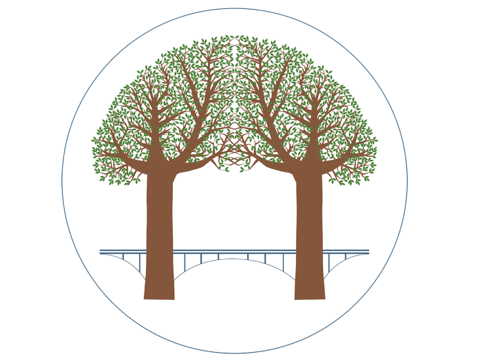 Graphic of two trees with branches intertwined and a bridge behind