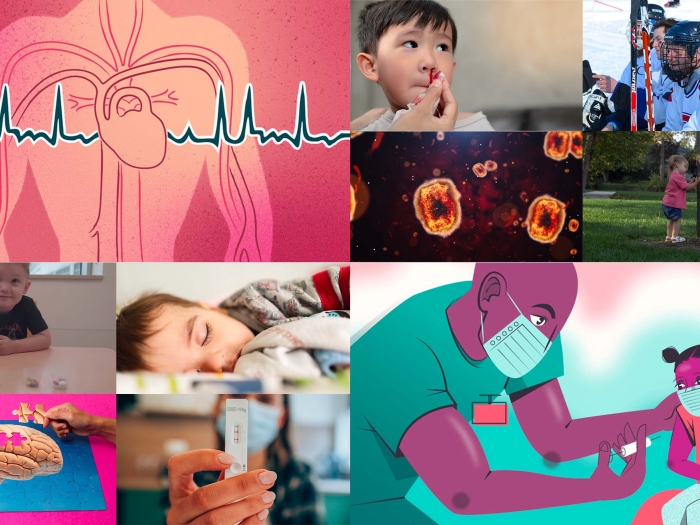 collage of photos like kid with bloody nose heart rythm ontop of a body, doctor cartoon helping patient, kid lying down sick and more.