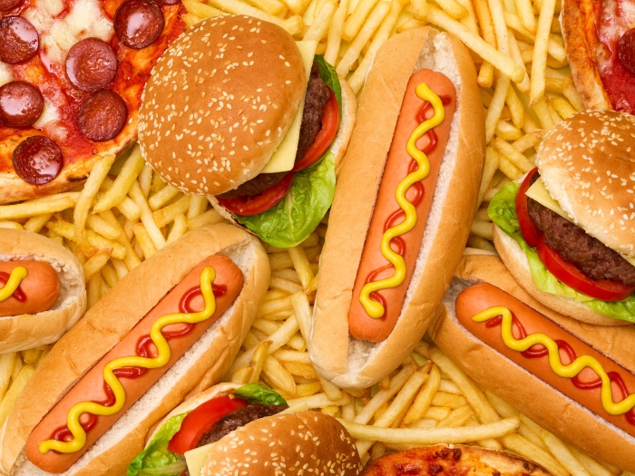 Hot dog, pizza, hamburgers and fries