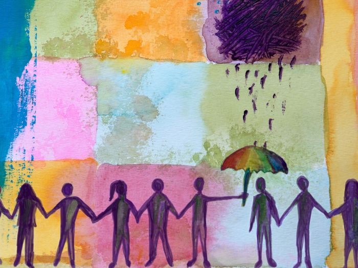 Watercolor Painting People Rain Umbrella