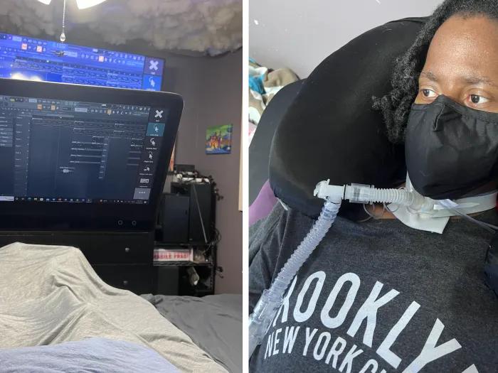 Patient with mask on in hospital with computers