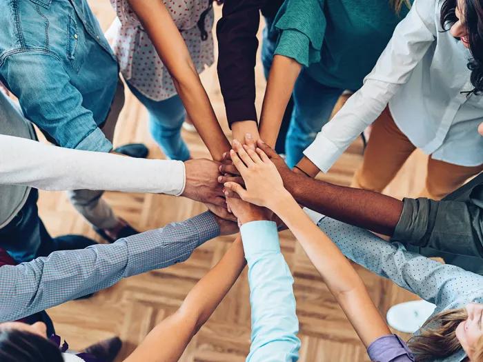 Group of diverse people holding hands.