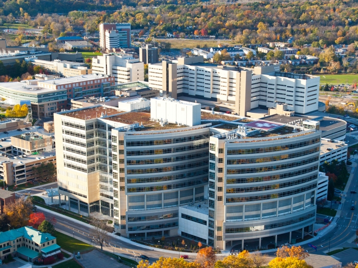 Aerial view of C.S. Mott Children's Hospital and Von Voigtlander Women's Hospital