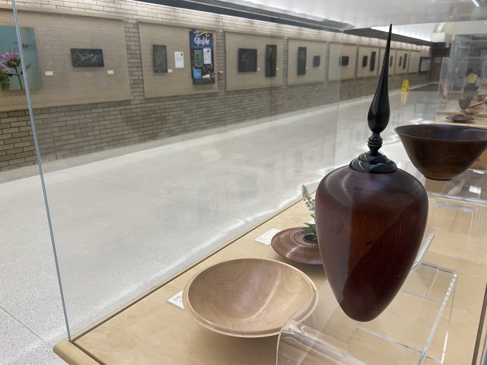 Carved art on display in the hospital corridor