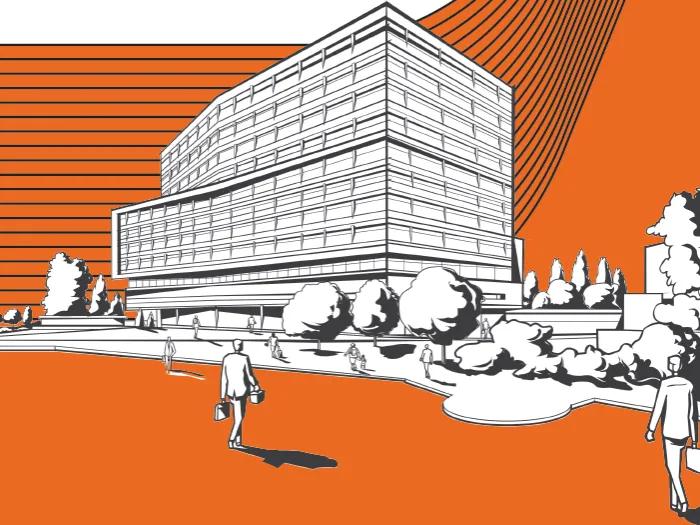 Black and white illustration of the exterior of the D. Dan and Betty Kahn Health Care Pavilion.