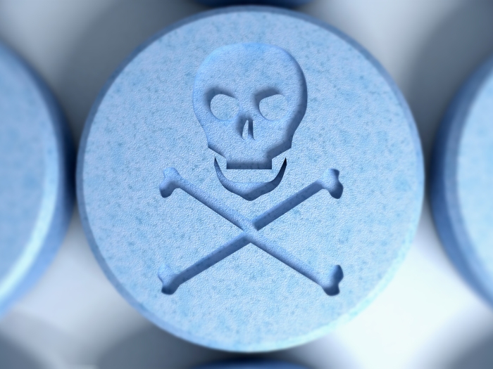 Skull blue pills crossbones fentanyl overdose