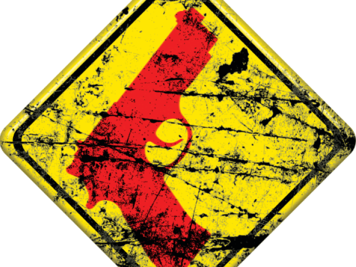 Illustration of a yellow caution sign with a red silhouette of a gun on it
