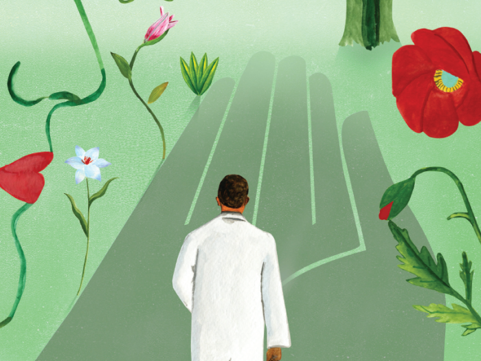 Illustration with mint green background depicting a male doctor in a white coat walking toward fantastical, oversized flowers. A shadow of a hand beckons him forward.