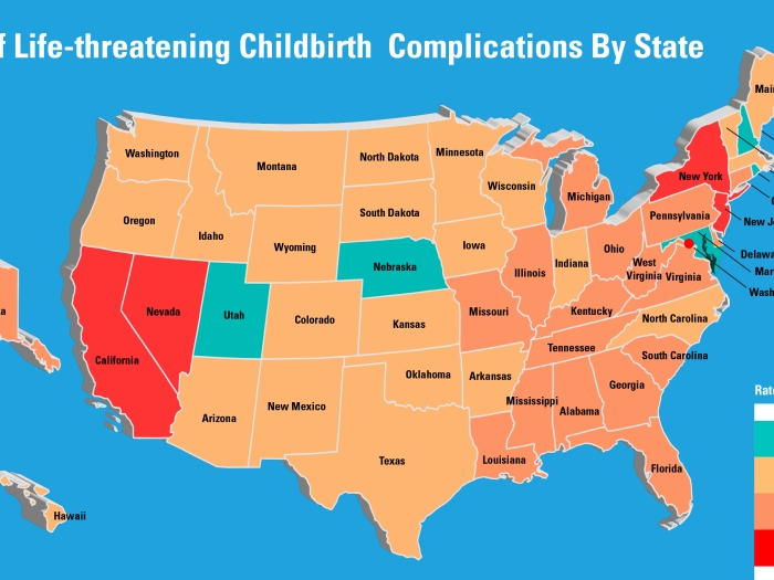 map of the united states rate of life threatening childbirth complications by state 
