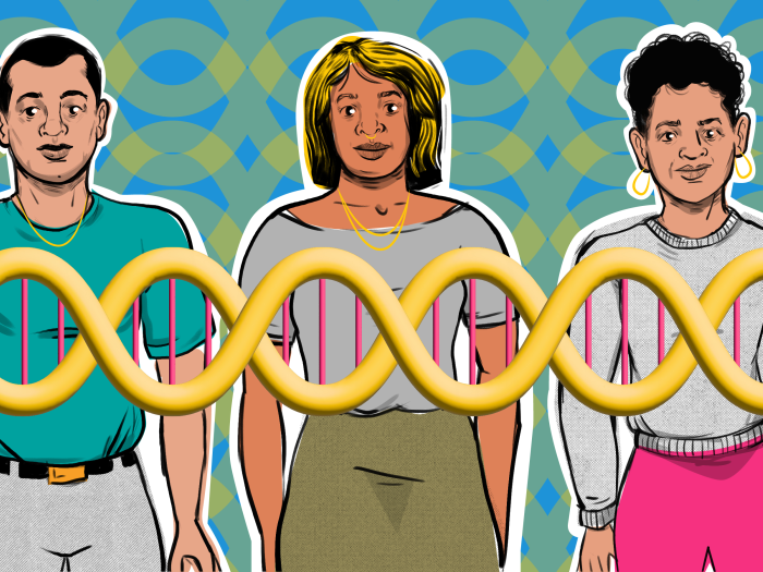 graphic of three people standing next to eachother and DNA strip over them in yellow