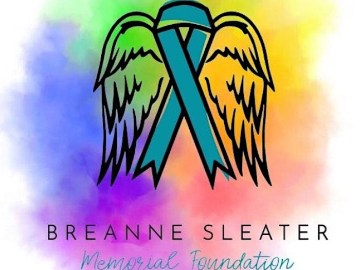 a blue ribbon with wings on top of a mulit-color background with the words Breanne Sleater Memorial Foundation underneath