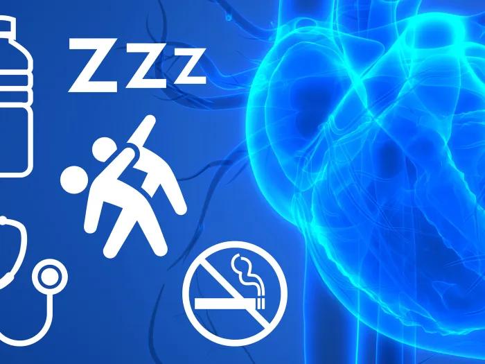 blue heart and background and white drawings of water bottle zzz people stretching stethoscope no smoking