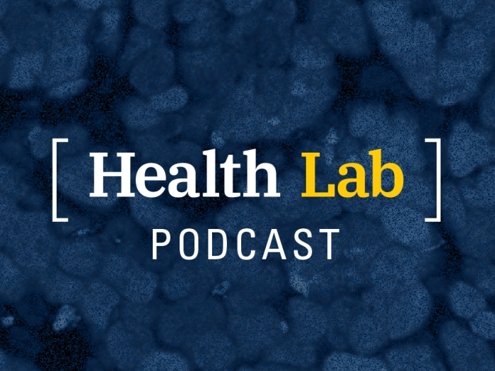 Health Lab Podcast in brackets with a background with a dark blue translucent layers over cells