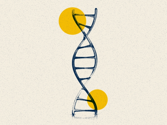 dna strand in blue grainy off white background yellow spots