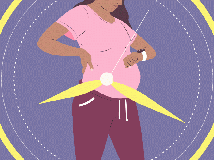 person pregnant with clock spinning over them in yellow purple background person in red pants pink shortsleeve shirt