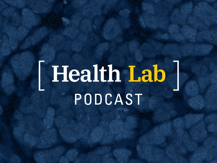 Health Lab Podcast on a background of cells with a blue overlay