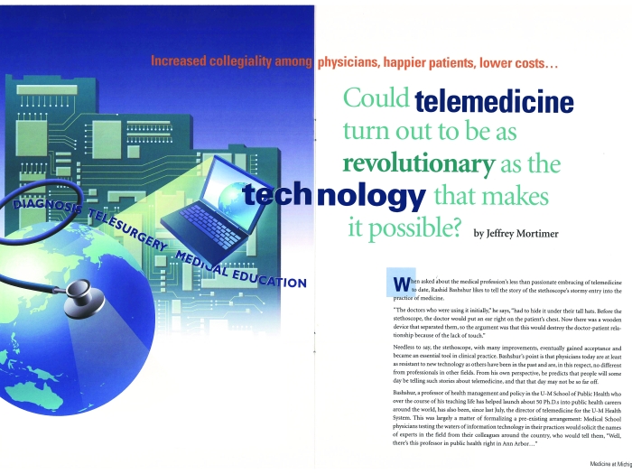 screen shot of story on telemedicine with images of globe, stethoscope, computer chips and a laptop 
