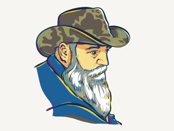 Illustration of the head and shoulders of a man with a long, gray beard wearing a camouflage cowboy hat