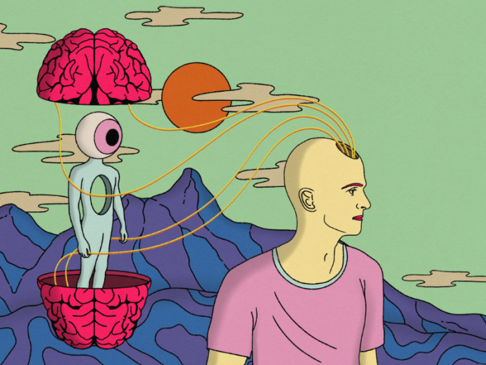Otherworldly illustration of a bald person with cords coming out of their head. The cords are attached to a large brain behind them. The brain is split in half, and inside of it stands a person-like creature with a large eyeball for a head.