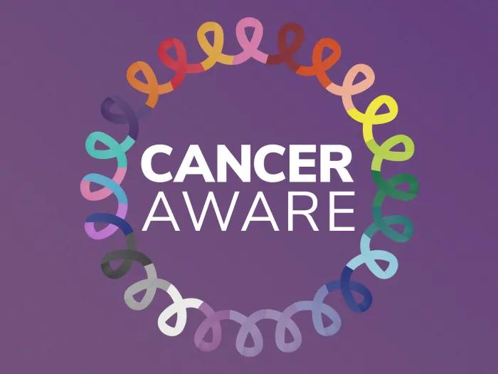 Cancer Aware in a circle of multicolor ribbons
