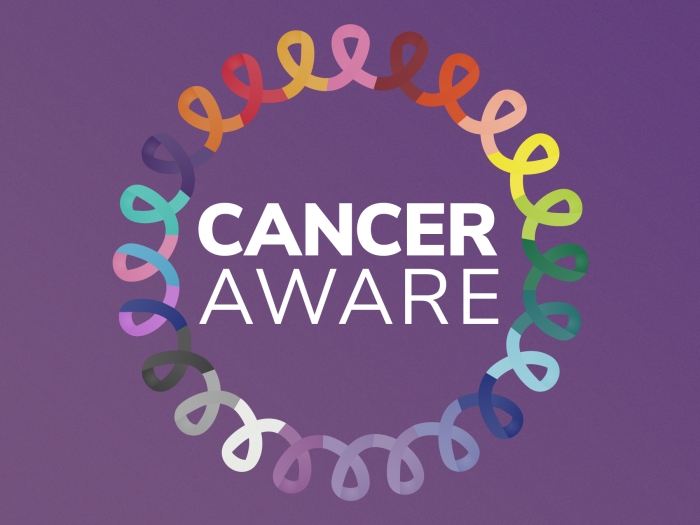 Cancer Aware in a circle of multicolor ribbons