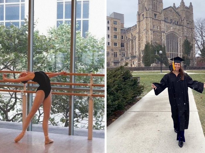 girl doing ballet and then graduating at michigan right