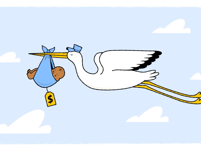 stork with baby in bag with dollar sign