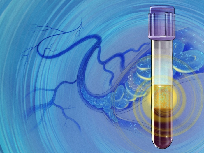vial of blood with blue background cell floating
