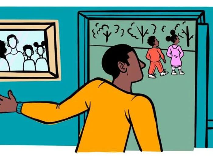parent looking at kids outside graphic walking alone