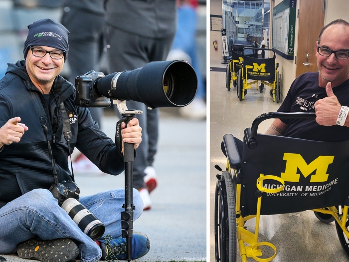 man at event photographing and then on right in wheelchair at UM