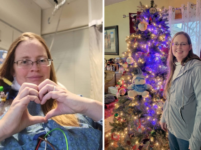 woman by christmas tree in one picture and the other holding heart hands for photo on left
