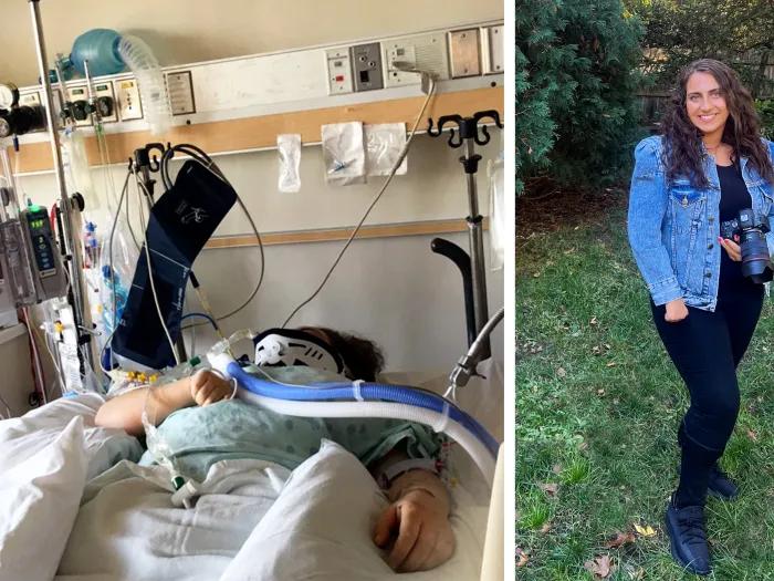 woman in hospital on left in ICU and the other right side woman standing in jean jacket and black clothes smiling