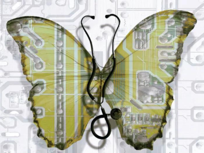 Illustration of a butterfly with green wings overlaid on abstract computer parts. Where the butterfly's body and antennae would be, there is a stethoscope.