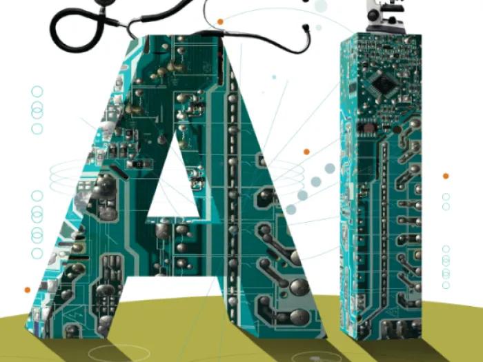 Illustration of giant block letters spelling AI. On top of the letters sit a stethoscope and a microscope. The letters are covered with computer parts and cast a long shadow.