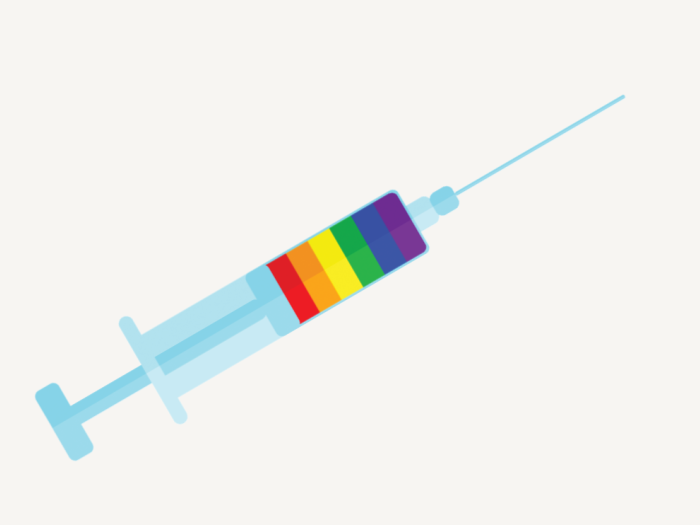 Illustration of a syringe. The liquid is in the rainbow colors of the LGBTQ pride flag.
