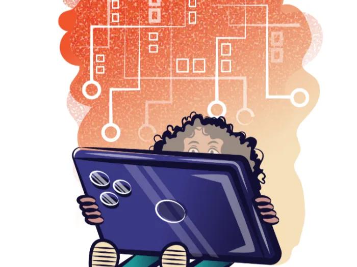 Cartoon-like image of a kid sitting on the floor holding a giant tablet or cell phone
