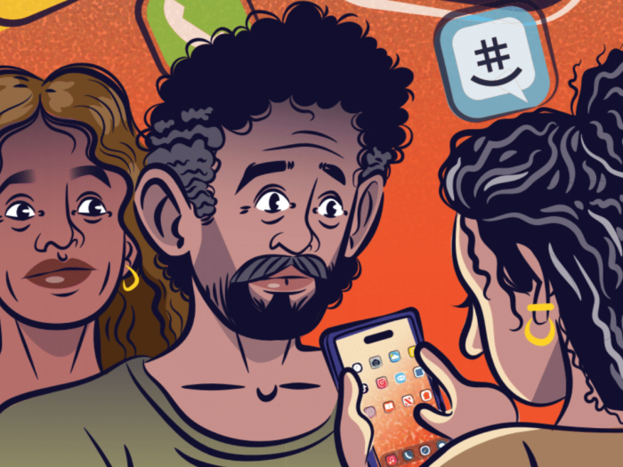 Cartoon-like illustration of worried parents looking at a teen who is accessing apps on her cell phone. App logos float in the air around them.